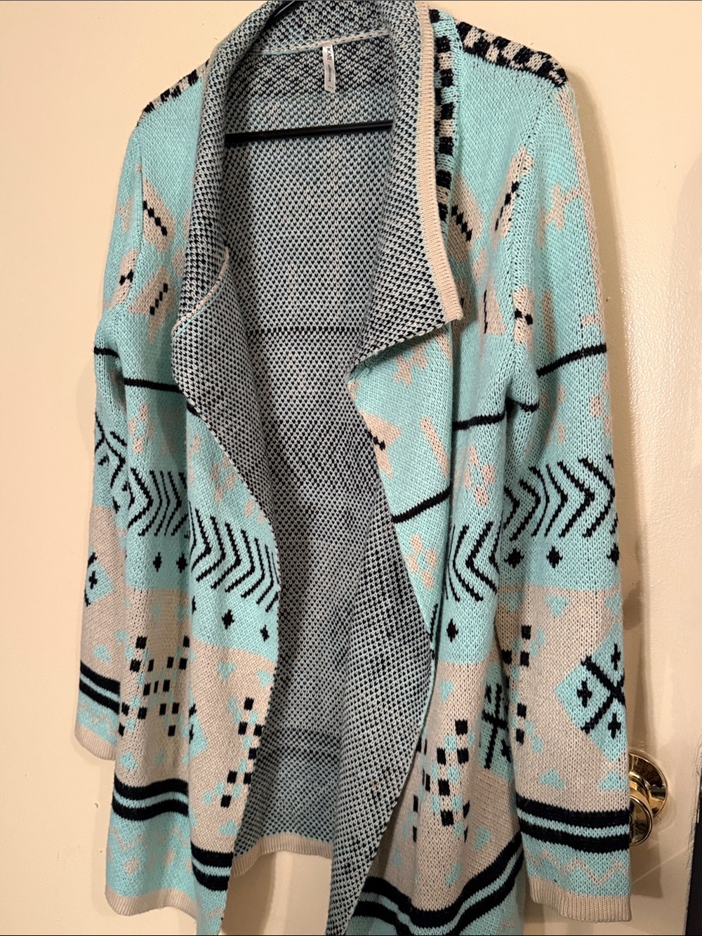 Open-Front Aqua & Cream Geometric Women’s Cardigan